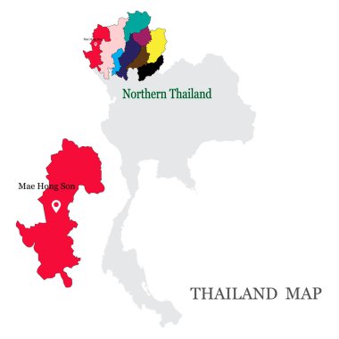 9 farklı renkte Kuzey Tayland haritaları, Chiang Mai, Chiang rai, Phrae, Phayao, Lampang, Lamphun, Uttaradit, Nan ve Maehhongson vilayeti