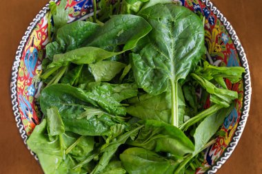 Renkli seramik kasede bazı yeşil salataların üst görüntüsü. Sağlıklı vejetaryen yemeği, sıfır kalori. Boşluğu kopyala.