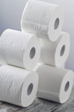 Toilet paper rolls stacked at home