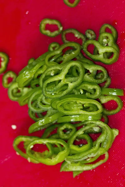 Pimienta Picada Tabla Cortar Roja — Foto de Stock