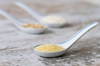 Three Chinese porcelain teaspoons with different types of grain