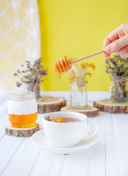 Glass Cup Tea Linden Natural Organic Herbs Jar Honey White — Stock Photo, Image