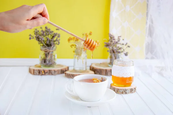 Glass Cup Tea Linden Natural Organic Herbs Jar Honey White — Stock Photo, Image