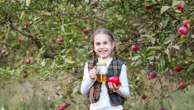 Meyve bahçesinde organik elmalı güzel bir kız. Bahçede organik elma yiyen bir kız. Hasat Konsepti. Sonbahar hasat elma toplama.