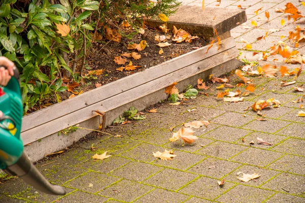 Herbstlaub Auf Dem Gehweg Mit Laubbläser Entfernen — Stockfoto