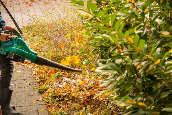 Herbstlaub Auf Dem Gehweg Mit Laubbläser Entfernen — Stockfoto