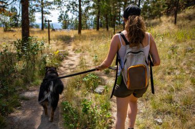 Fit young woman walking her dog on mountain trail clipart