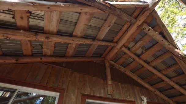 Das Dach eines netzunabhängigen Mini-Hauses im Wald — Stockvideo