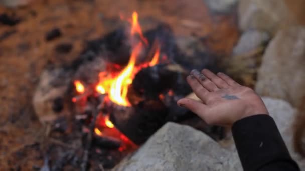 Muž ruce foukání dřevěné uhlí v ohni — Stock video