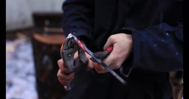 Mujer joven herrero usando pinzas para torcer varilla de metal — Vídeos de Stock