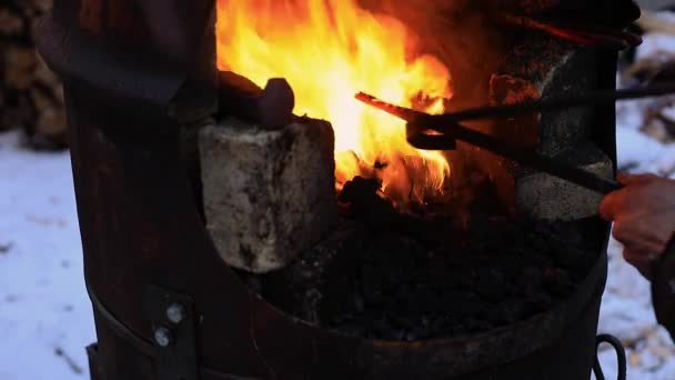 Woman hand adding coal in forge to for flame — Stock Video