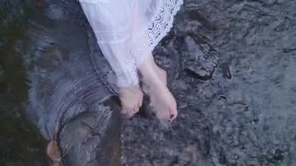 Kvinnliga fötter i en strömmande vattenbäck — Stockvideo