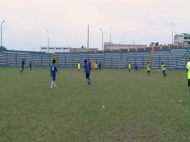 Equipe de futebol de crianças que joga em uma terra — Vídeo de Stock