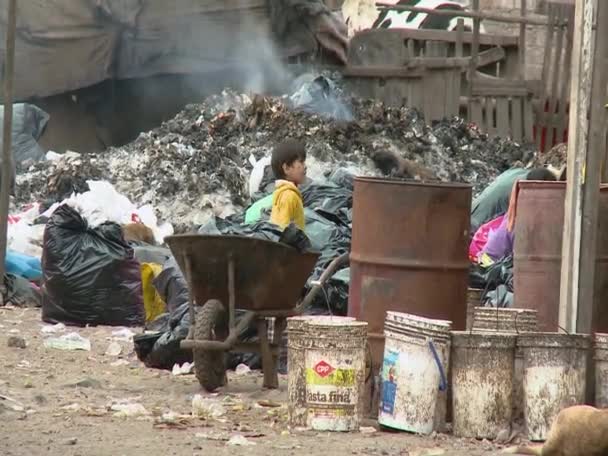 贫民窟里的孩子们在一堆垃圾上艰难的生活 — 图库视频影像