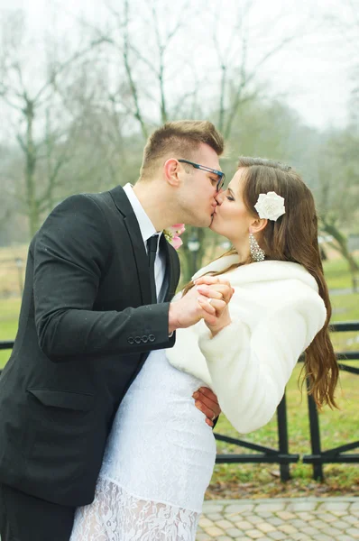 Beautiful husband and bride kiss — Stock Photo, Image