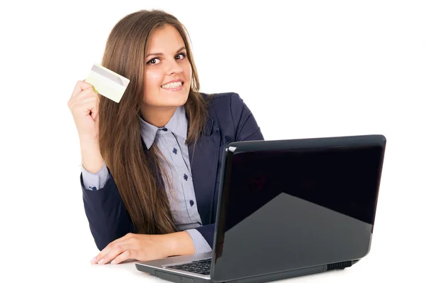 Business girl transfers money — Stock Photo, Image