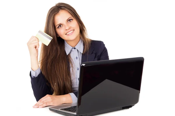 Business girl transfers money — Stock Photo, Image