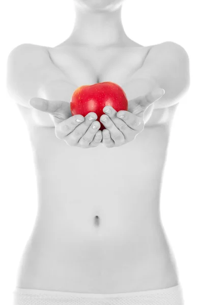 Girl holding the Apple, and offers to take — Stock Photo, Image