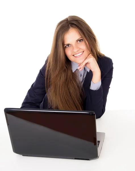 Chica de negocios feliz sentado en el lugar de trabajo —  Fotos de Stock