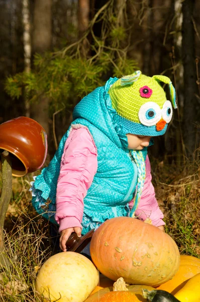 Na floresta, uma criança pequena com abóboras — Fotografia de Stock
