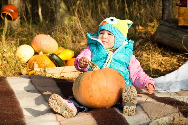 Bambina su un picnic con zucca — Foto Stock