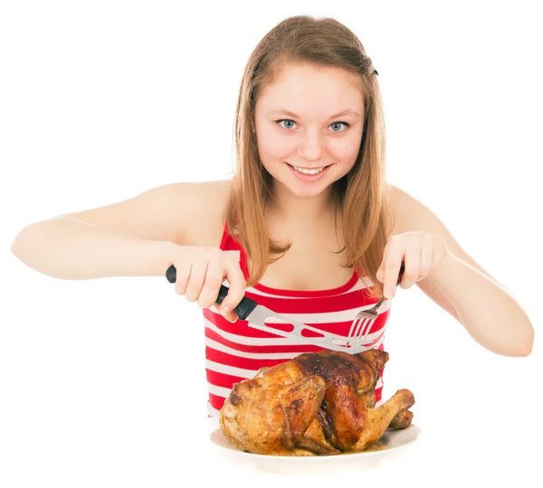 Mladá dívka na dietě začne jíst kuře — Stock fotografie