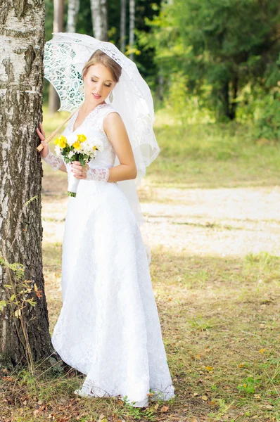 Nevěsta s deštníkem stojící poblíž stromu — Stock fotografie