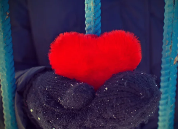 Girl holding a heart in his hands sitting in captivity — Stock Photo, Image