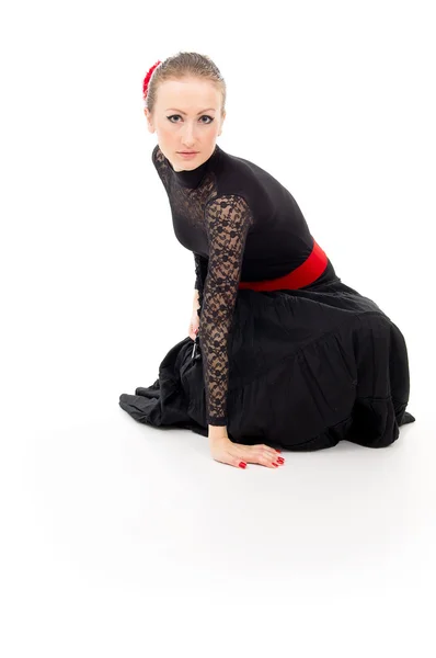 Chica en un vestido con un ventilador Carmen y aislado — Foto de Stock