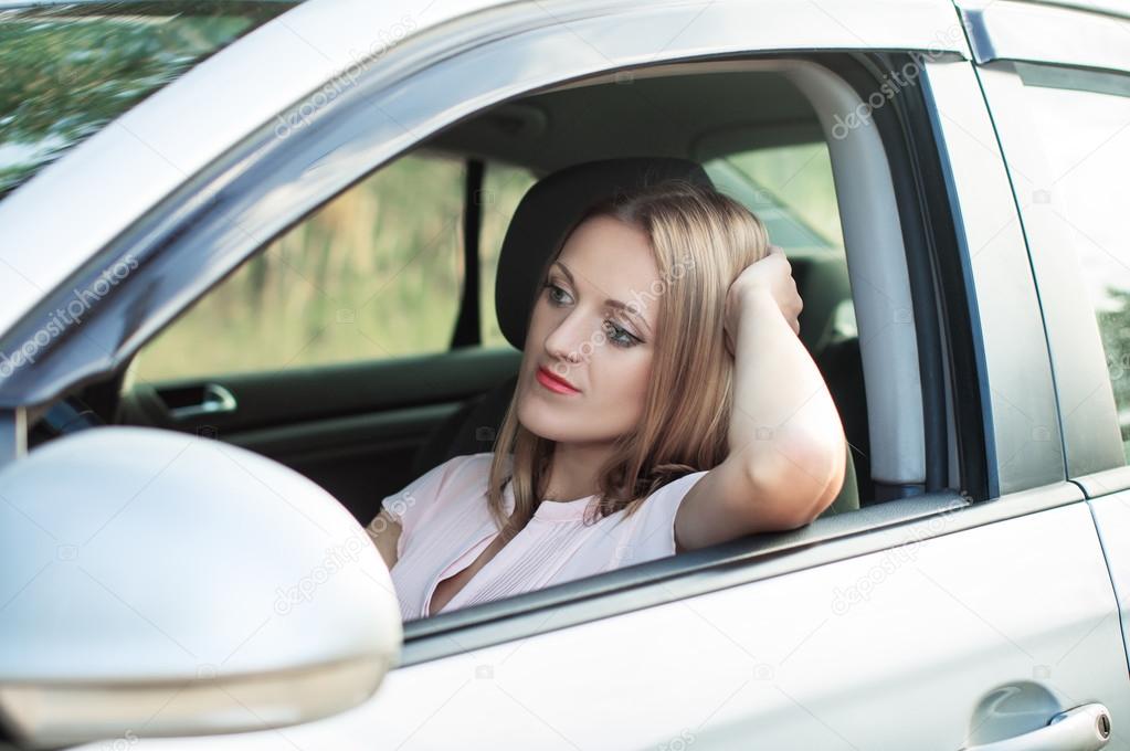 Sadness, the driver of the girl got stuck in traffic — Stock Photo ...