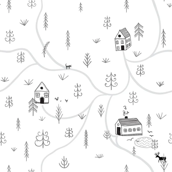 Patrón sin costura vectorial con casas forestales — Vector de stock