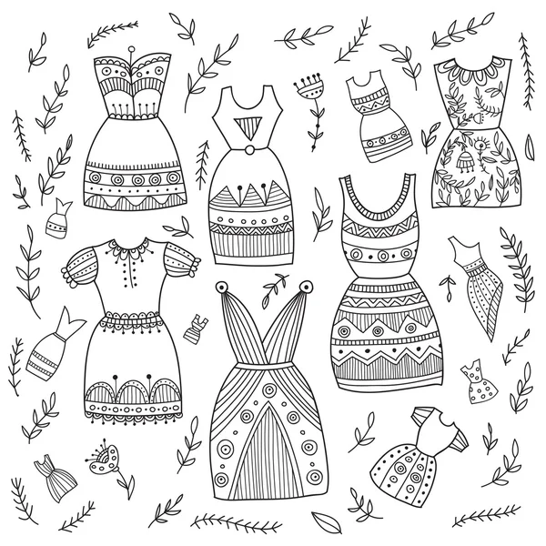 Boho ethnic style dresses set. Can be printed and used as wrapping paper, wallpaper, textile, fabric etc. — Stock Vector