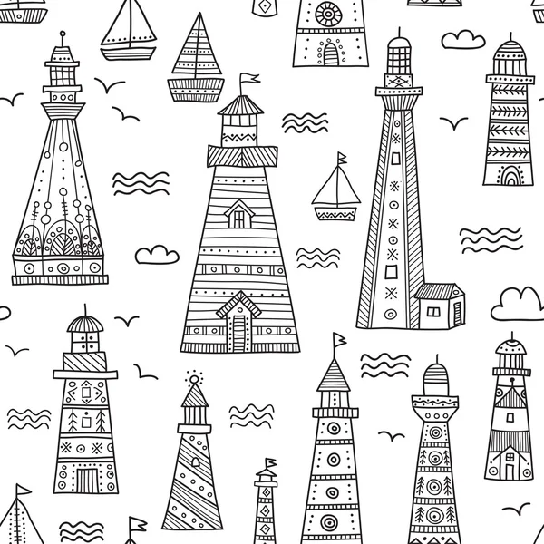 Ethnic style lighthouses with ornaments seamless pattern. Can be printed and used as wrapping paper, wallpaper, textile, fabric, etc — Stock Vector