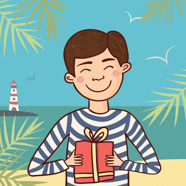 Счастливый моряк с подарком на день рождения . — стоковый вектор