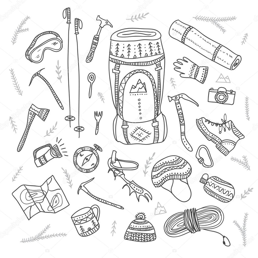 Climbing equipment set in ethnic ornate boho style. — Stock Vector