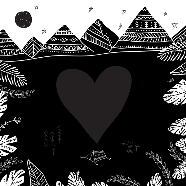 Acampar e cartão de montanhas com moldura de coração na pocilga ornamentada étnica —  Vetores de Stock