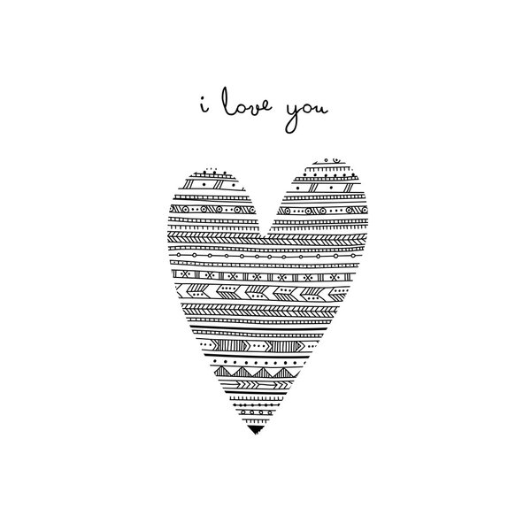 Вектор Я люблю тебя карты с этническим племенным орнаментальным сердцем
