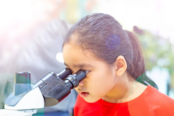 Asijská Dívka Podívejte Mikroskop Velmi Vzrušený Vzdělávání Dětí Vlastní Pěst — Stock fotografie