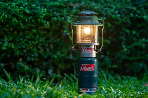 Coleman Gaslampa Gräsmattan Mot Gröna Träd Bakgrunden — Stockfoto