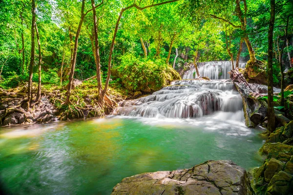 Waterfalls Fish Swim Emerald Blue Water Erawan National Park Erawan — Stock Photo, Image