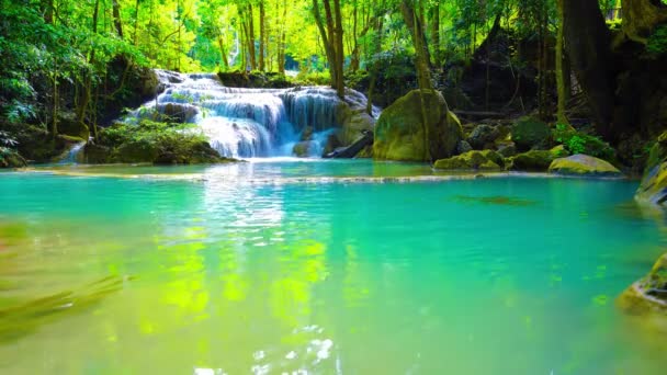 Vattenfall Och Fisk Simmar Smaragdblått Vatten Erawan Nationalpark Erawan Waterfall — Stockvideo