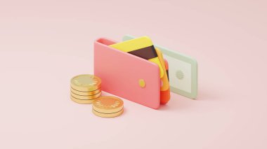 3d rendering saving money concept. Wallet and coins, credit card 3d icon. 3d illustration, render clipart