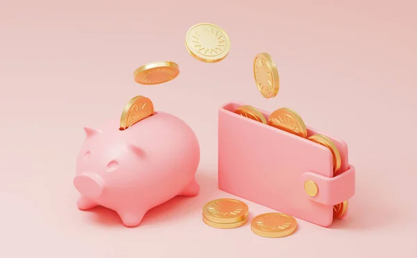 3d rendering: ahorro de dinero. transferencia de dinero a alcancía. Cartera, monedas, tarjeta de crédito y alcancía. Metáfora de ahorros, banco. Concepto - Ilustración 3d, renderizar — Foto de Stock