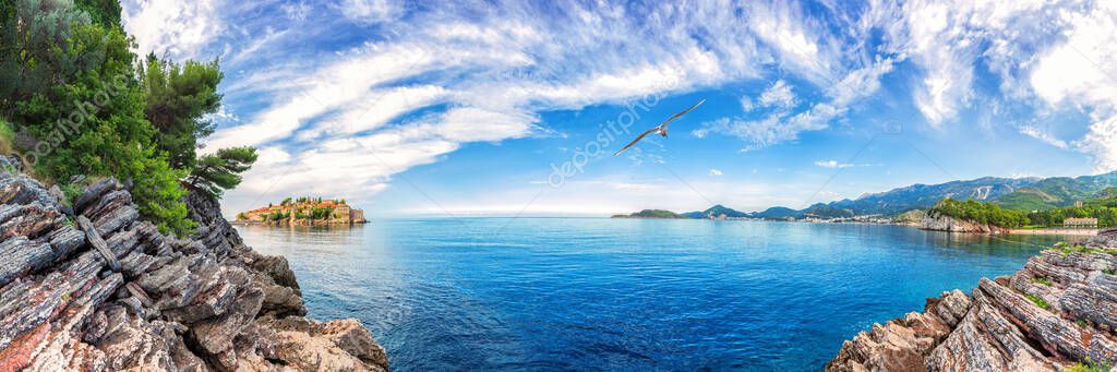 Sveti Stefan island, wonderful view from the rock, Budva, Montenegro.