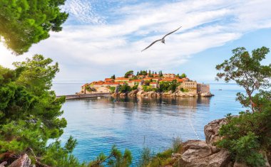 Martı Sveti Stefan adasının yanından uçuyor, kaya manzarası, Budva Riviera, Karadağ