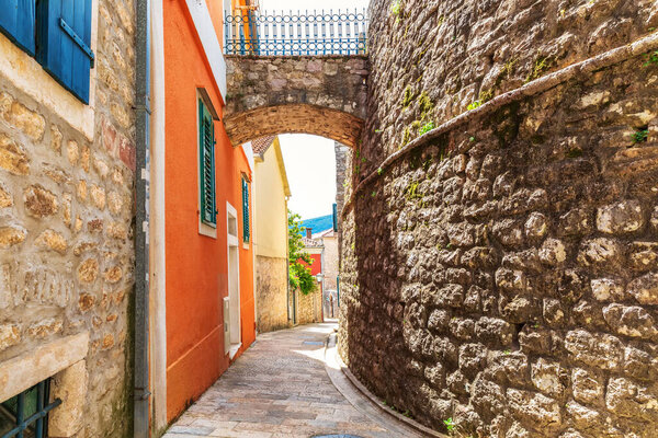The walls of The old town of Herceg Novi, Medieval european street, Montenegro.