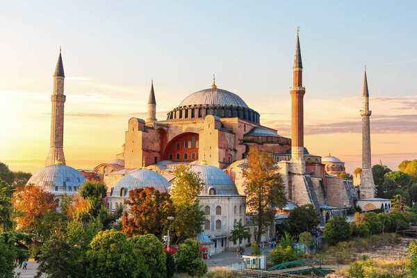 Famous Hagia Sophia Mosque at sunset, Istanbul, Turkey