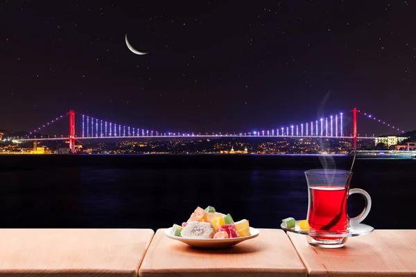 Turkish Tea Party Bosphorus Bridge Night Istanbul Turkey — Stock Photo, Image