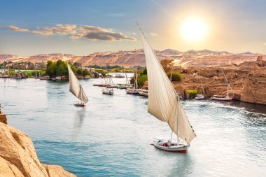 Aswan, Mısır kıyıları yakınlarında geleneksel Nil yelkenlileri