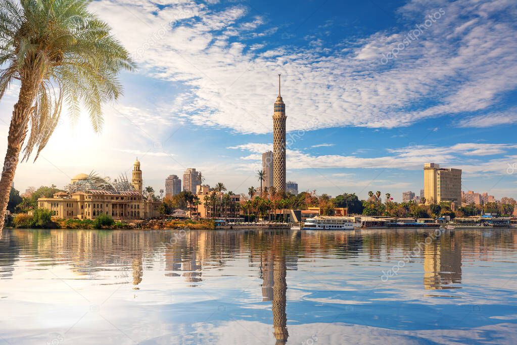 Cairo downtown, view on Gezira Island and the tower from the Nile, Egypt